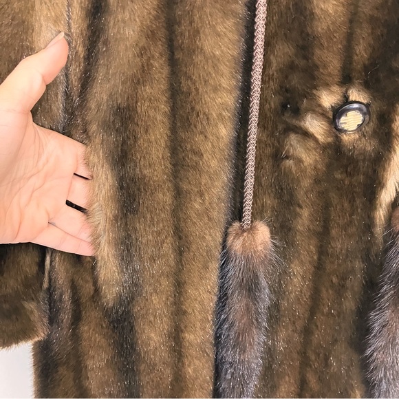 Vintage faux fur mink coat medium brown vegan classic mink tails tassels trench - Picture 6 of 12
